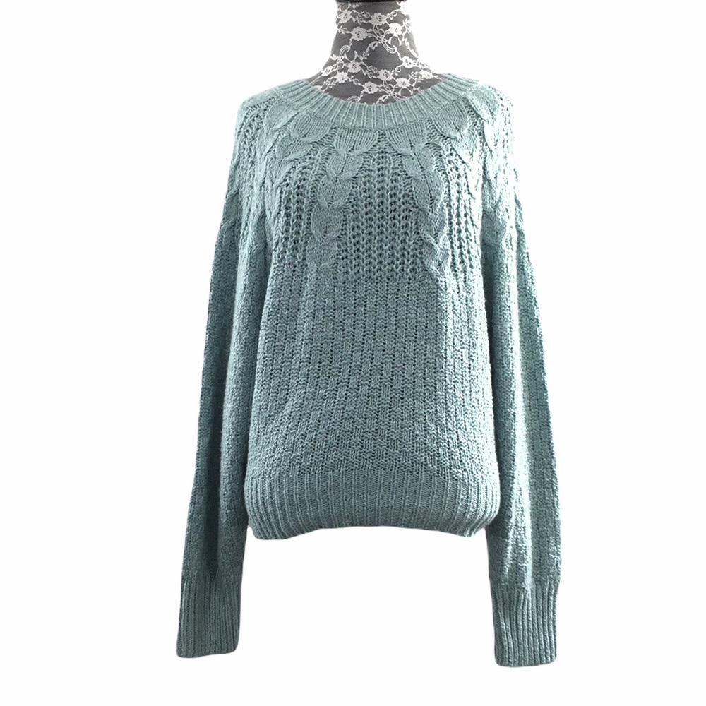 American Eagle Blue Green Cable Knit Pullover Sweater Women’s Medium Dolman Slv
